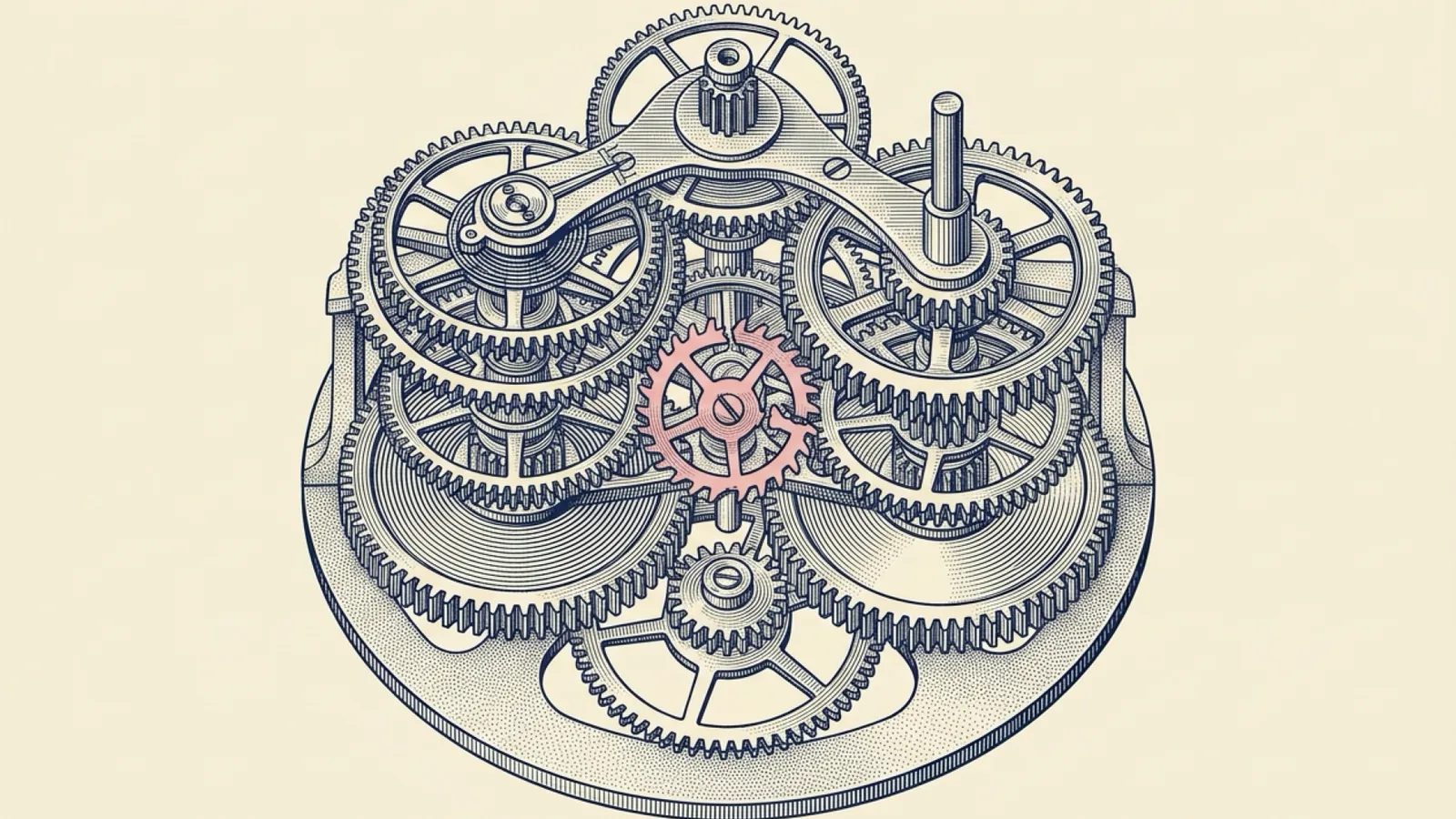 An intricate copperplate engraving of a multi-tiered horological gear train mechanism rendered in deep navy line on warm cream paper, centered on a single hand-tinted pink fractured escapement wheel caught misaligned mid-turn.