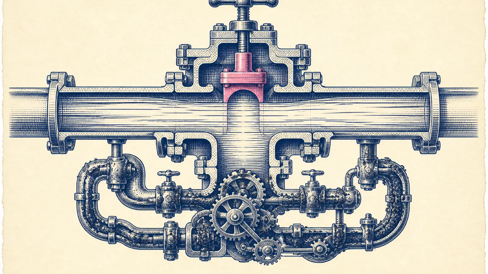 A centered copperplate engraving shows a cross-sectional pipeline manifold mechanism with a single hand-tinted pink gate at its bottleneck.