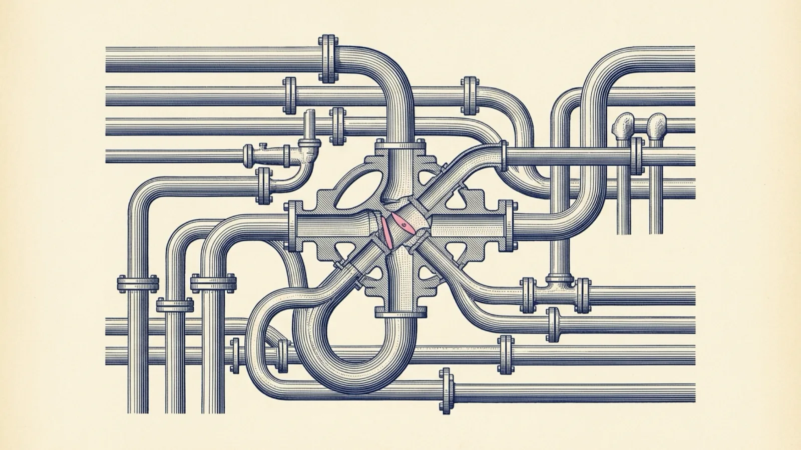 A copperplate engraving in deep navy linework on warm cream paper depicts an intricate hydraulic manifold of converging flanged pipes, centered on a single hand-tinted pink valve core revealing subtle misalignment at the junction.