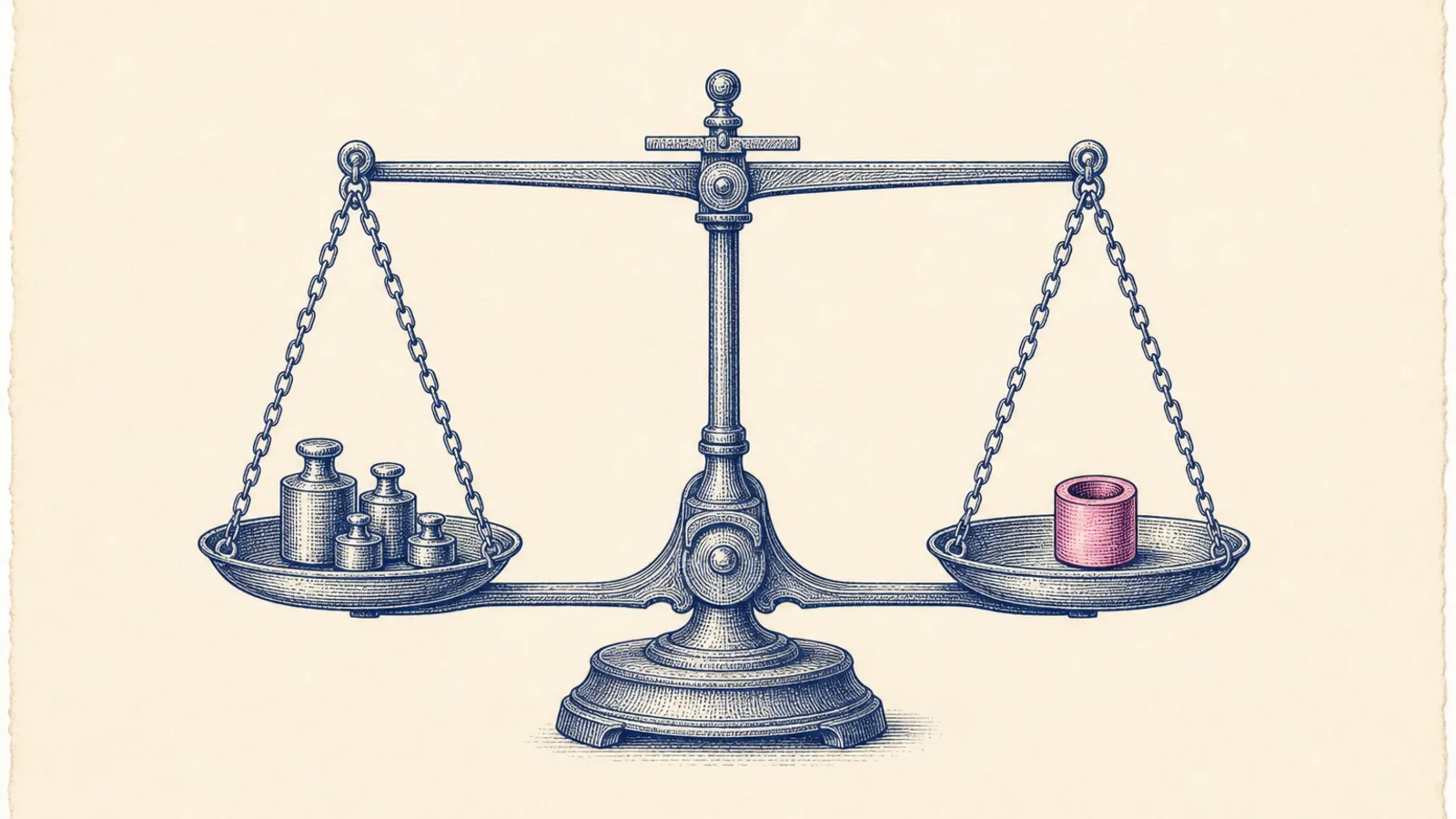 A copperplate engraving of a two-pan apothecary balance resting in perfect level equilibrium, hatched in deep navy line on cream paper, with brass weights on one pan and a single hollow pink false weight on the other.