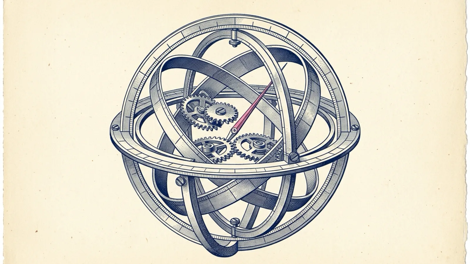 A copperplate scientific engraving of an intricate celestial coordinate gimbal mechanism with orthogonal calibrated rings and misaligned interior gears, centered around a single hand-tinted pink indicator needle.