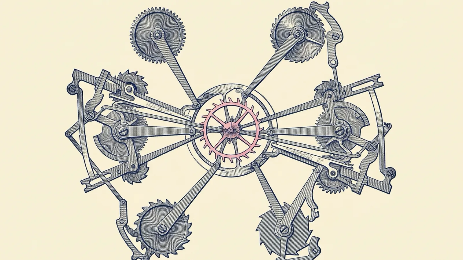 A copperplate engraving of an intricate mechanical clockwork coordinator mechanism with articulated gear linkages and ratchets converging on a single hand-tinted pink escapement wheel.