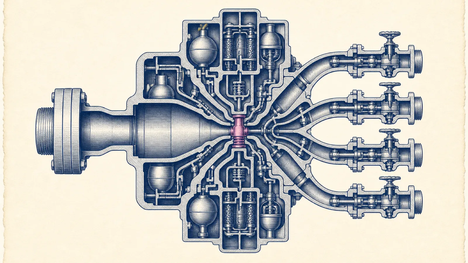 A centered copperplate cutaway distribution manifold with branching channels and one small pink central pressure-release valve.