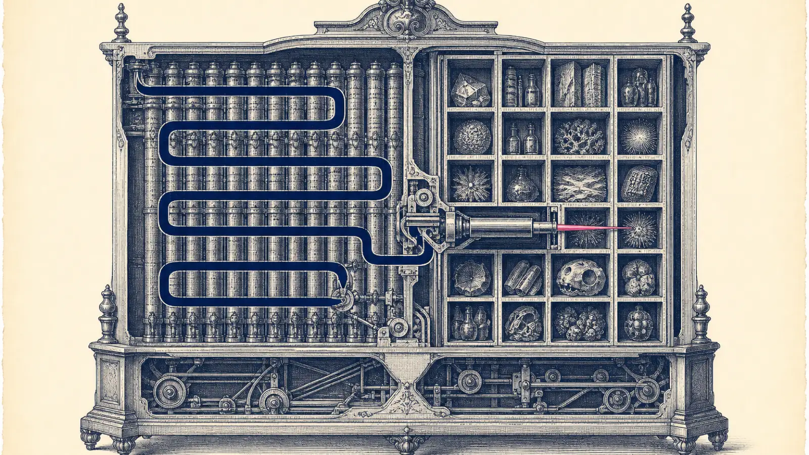 A deep-navy engraved cutaway sampling cabinet shows dense storage tubes, a looping route, and one small pink direct-access sampling needle.