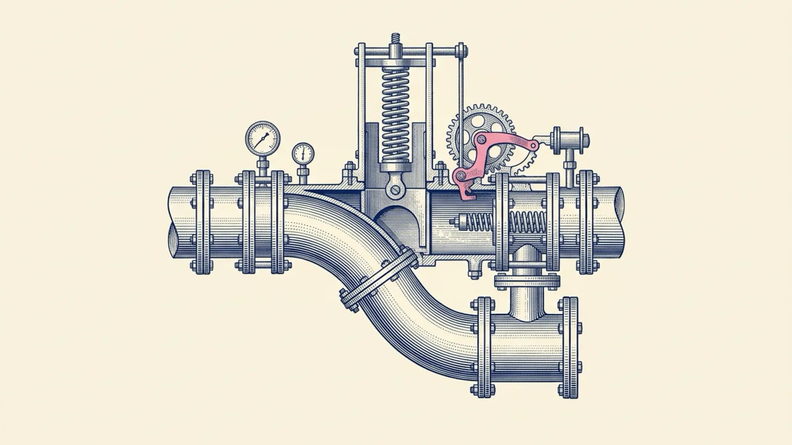 Copperplate engraving in navy ink on cream paper of a bifurcated industrial conduit mechanism with an automated spring-loaded gate and a single hand-tinted pink trip lever.
