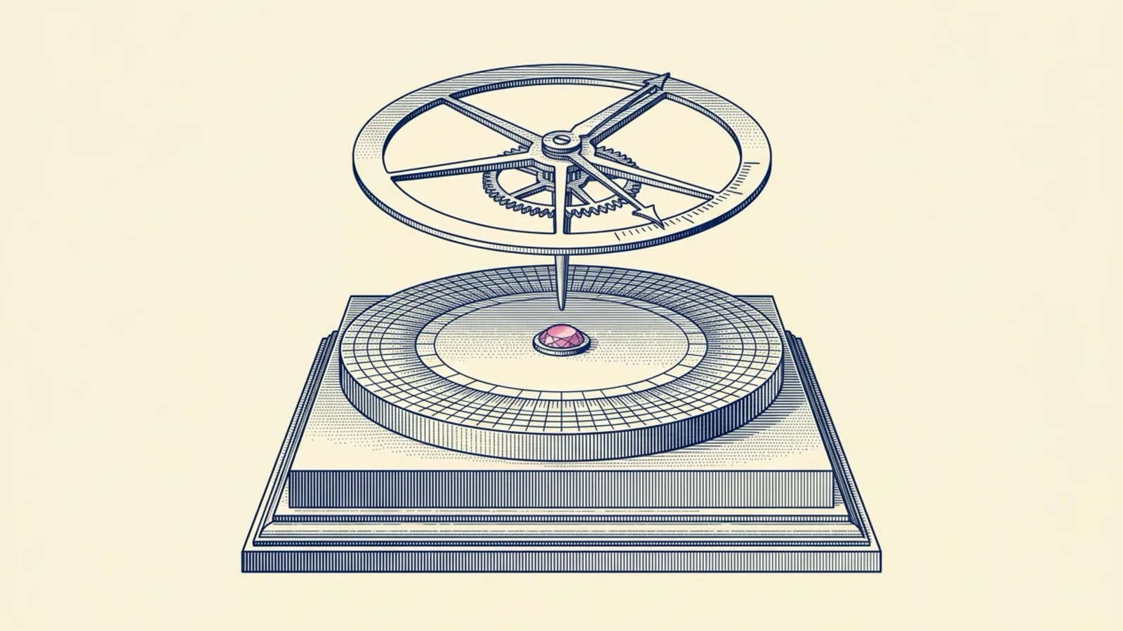A copperplate engraving of a delicate vernier escapement wheel suspended above a massive circular indexing plate, poised directly over a single hand-tinted pink jewel bearing at the base's center.