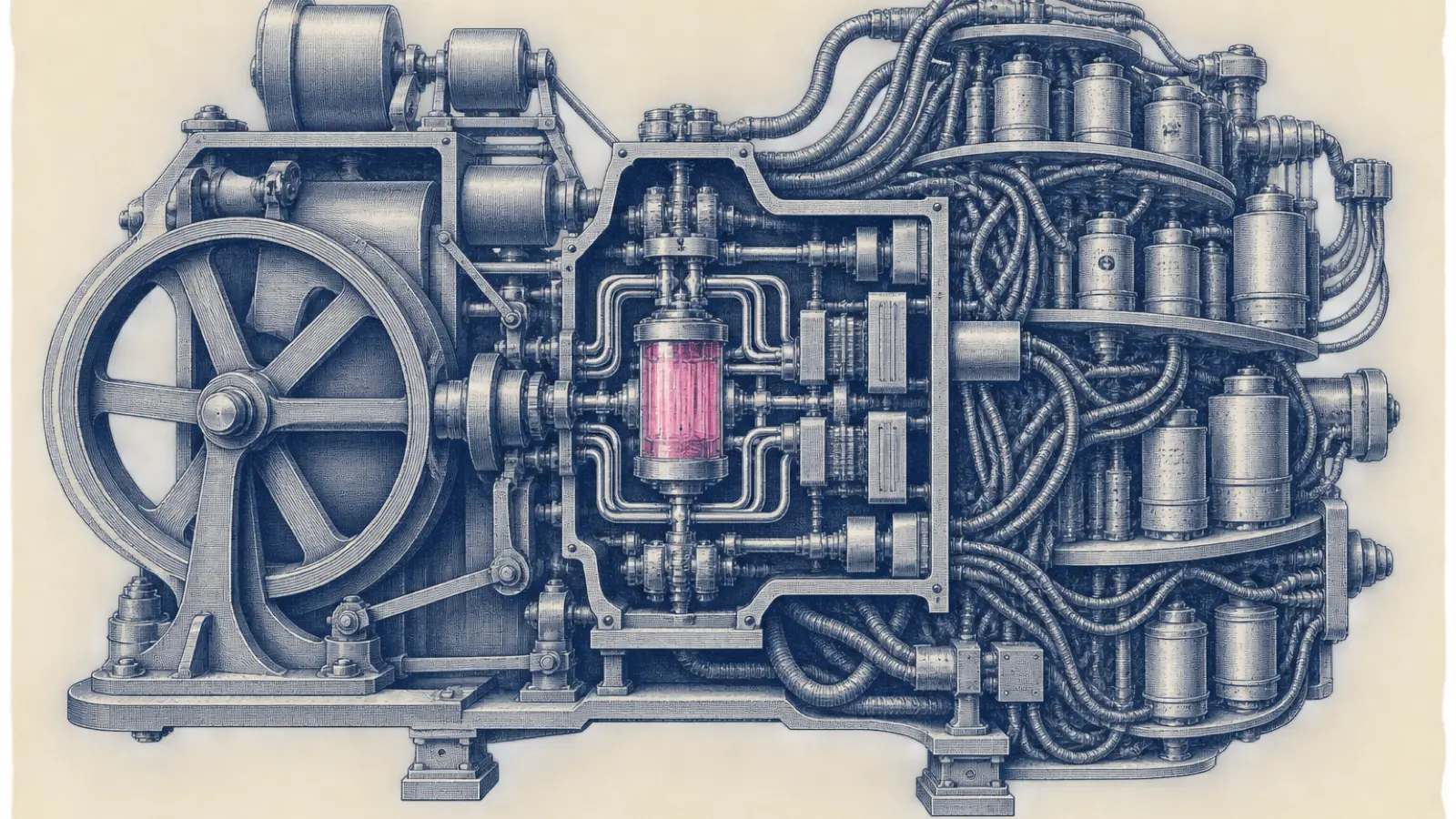 A centered engraved cutaway analytical engine contains a compact navy memory chamber marked by one small pink accent amid oversized idle machinery.