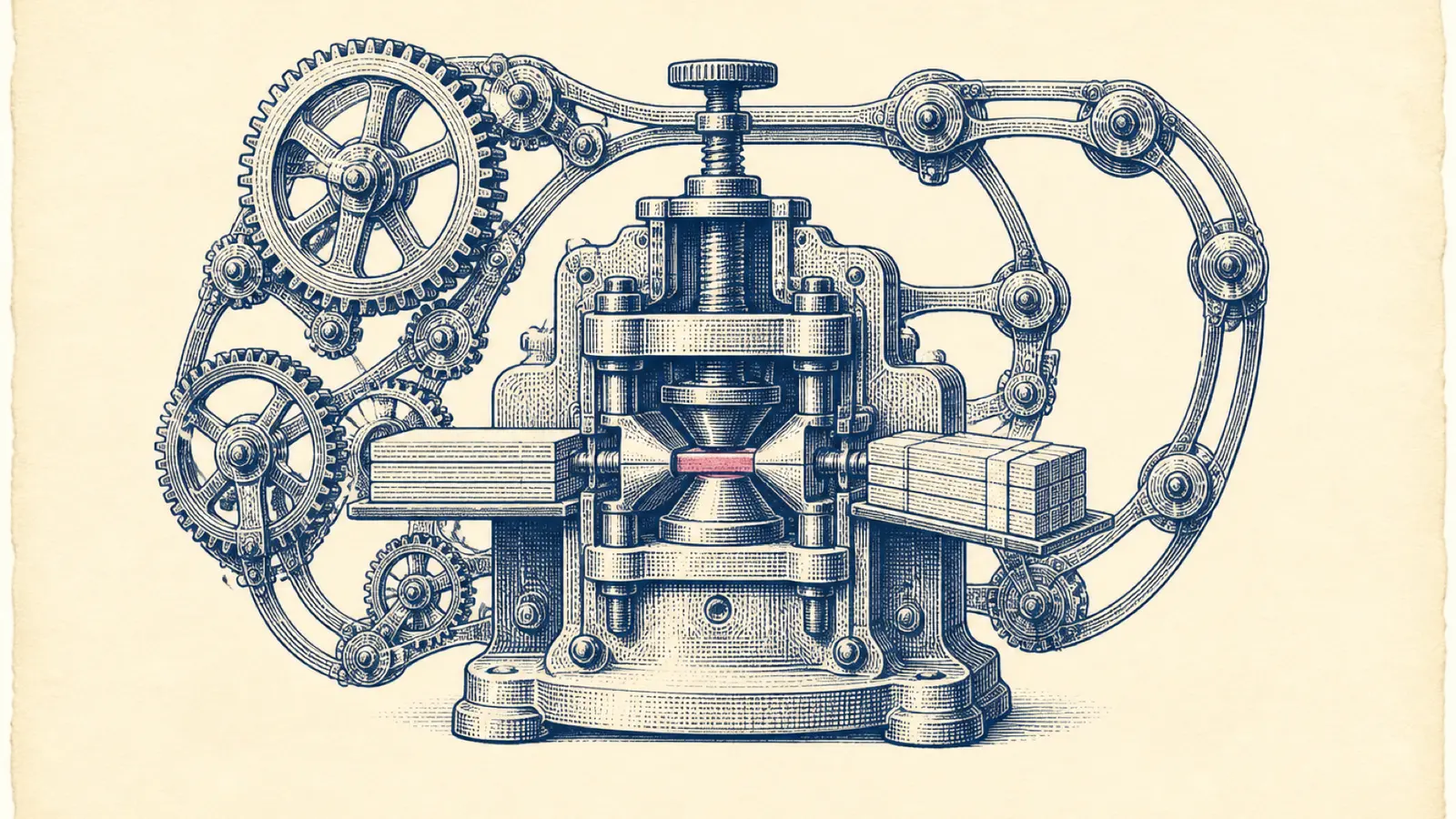 An engraved precision data-press mechanism with idle oversized gears and one small pink accent at its central processing channel.