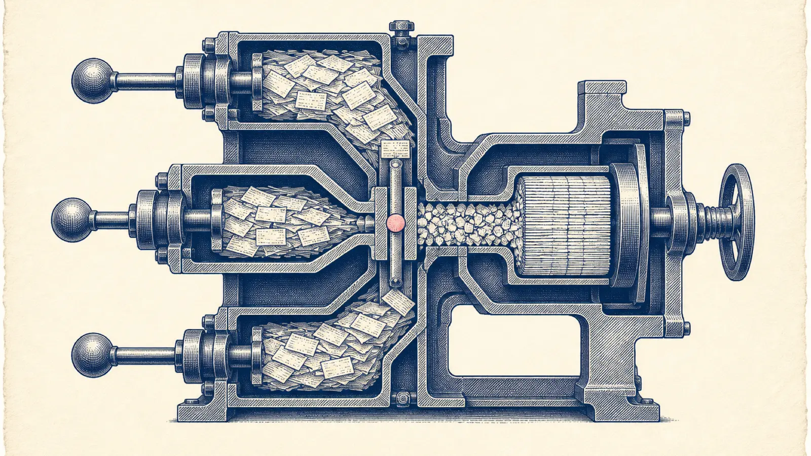 A copperplate cutaway compaction press shows three writer arms converging on one gate with a single pink locking pin.