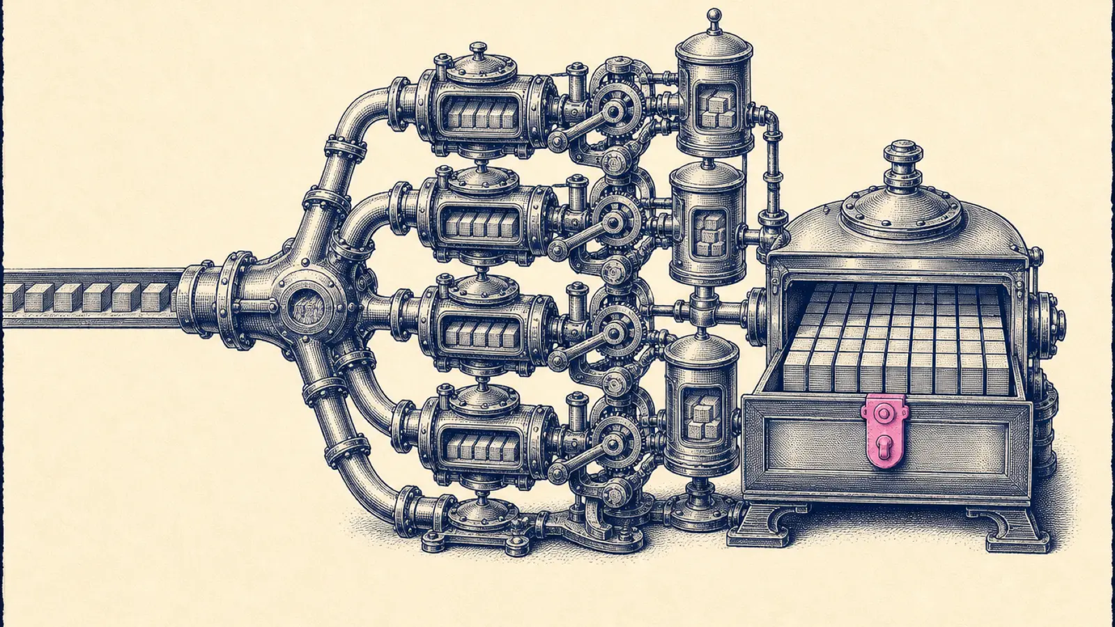 A copperplate mechanical manifold feeds redundant chambers into one shared storage drawer marked by a single pink locking clasp.