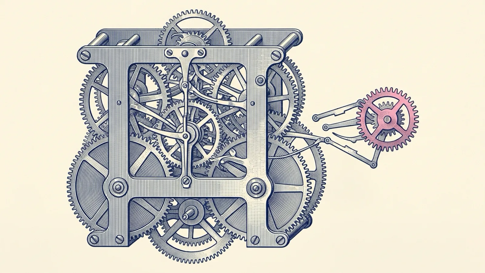 A copperplate engraving of a monolithic clockwork mechanism with interlocking gears and escapements alongside a detached auxiliary satellite gear hand-tinted in pink drifting out of synchronization.
